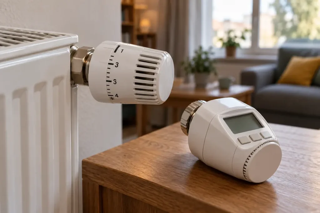 Mechanická a digitální hlavice vedle radiátoru v obytné místnosti