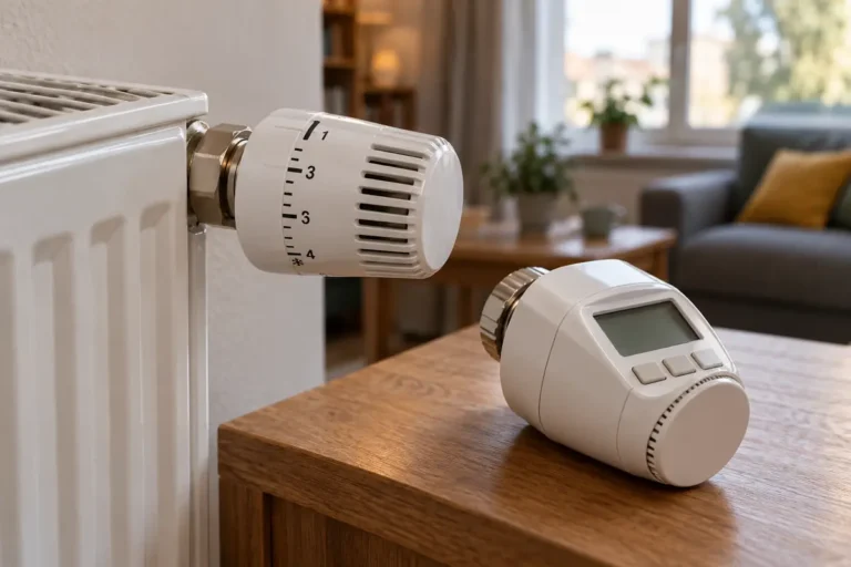 Mechanická a digitální hlavice vedle radiátoru v obytné místnosti