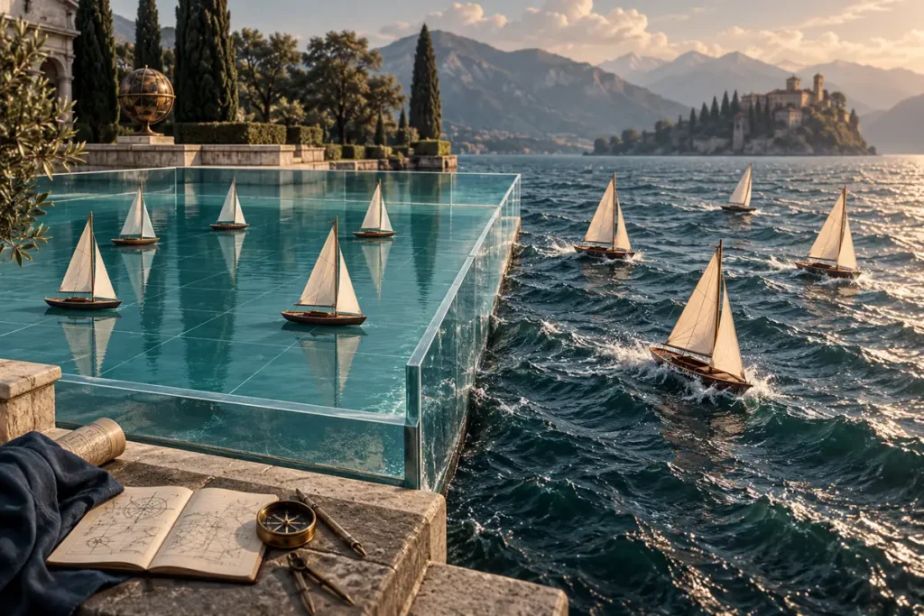 Dvě plachetnice v chráněném cvičném bazénu a na otevřené vodě jako metafora demo účtu a skutečného trhu