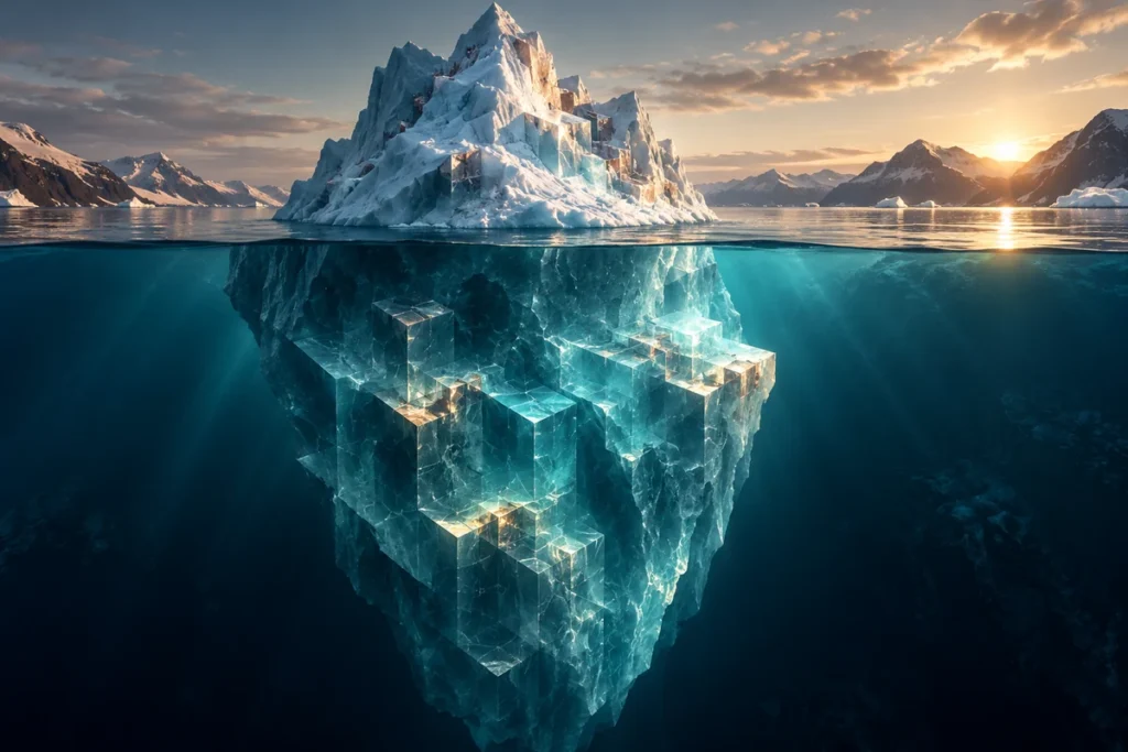 Ledovec s menší viditelnou částí a velkou podvodní rezervou ilustruje iceberg objednávku