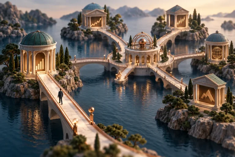 Rozvětvené mosty mezi obchodními pavilony s centrálním uzlem pro směrování