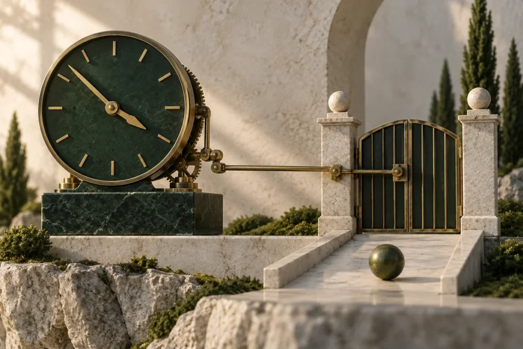 Mechanické hodiny propojené se zavřenou bránou a čekající koulí jako ilustrace Good After Time