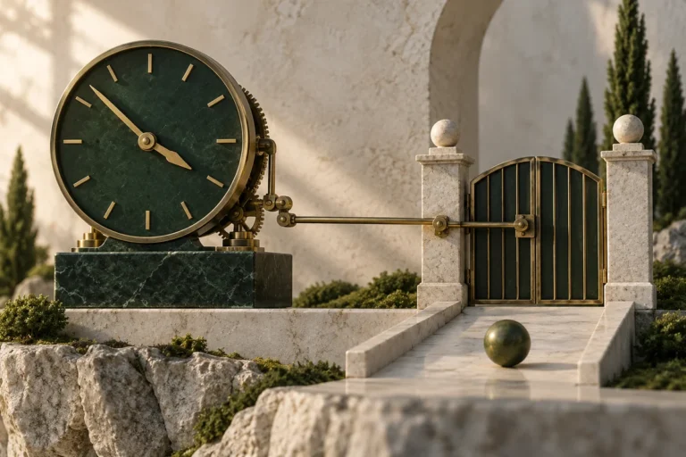 Mechanické hodiny propojené se zavřenou bránou a čekající koulí jako ilustrace Good After Time