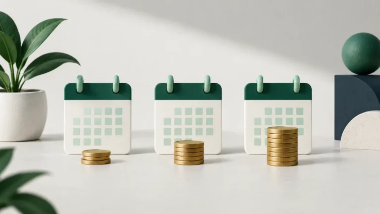 Tři kalendáře a různé počty mincí znázorňují pravidelné investování.
